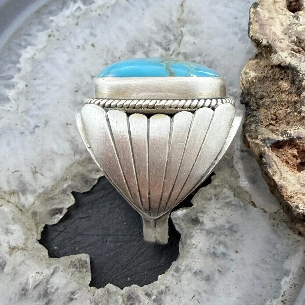 Native American Sterling Square Kingman Turquoise Shield Ring Size 11.25 For Men